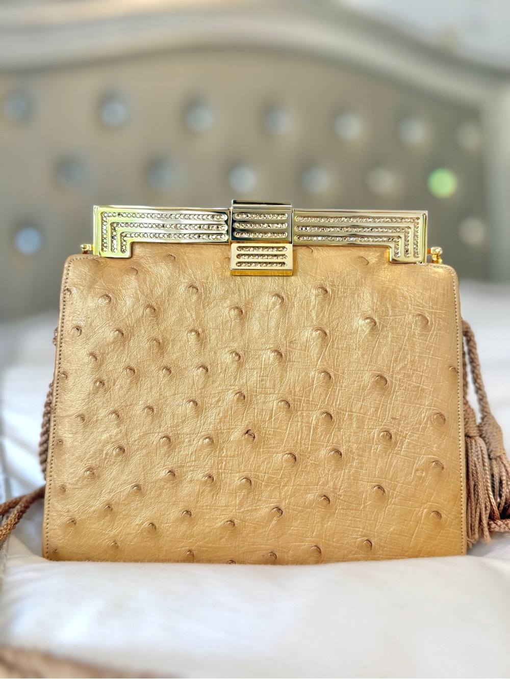 Rare Vintage Judith Leiber champagne gold Ostrich clutch/ evening bag